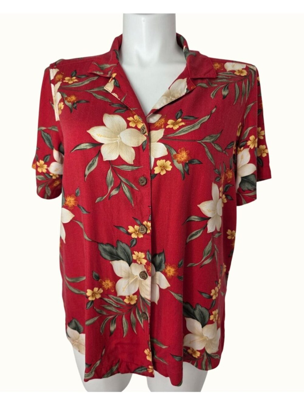 Vintage La Cabana Hawaiian Shirt Womens 1X Red Floral Coconut Buttons Hong Kong